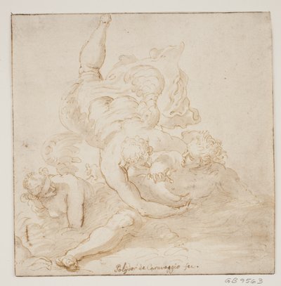 男を運ぶ二人の天使 作： Pietro Liberi