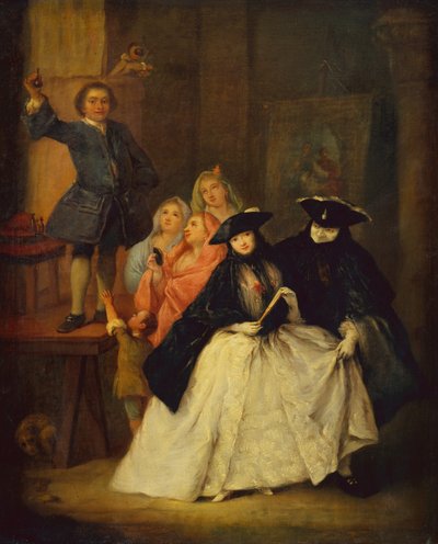 仮面舞踏会の人物が前景にいるプラットホーム上のペテン師 (キャンバスに油彩) 作： Pietro Longhi