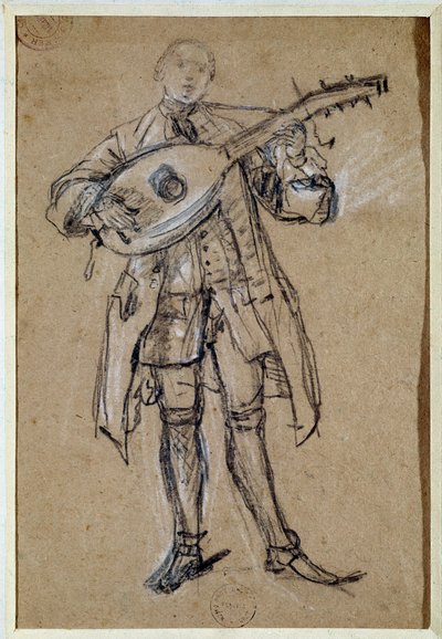 ギタリスト（ギター弾き） ピエトロ・ロンギ（1702-1785）のドローイング ヴェネツィア、Musee Correr 作： Pietro Longhi