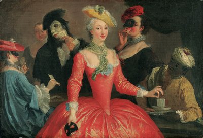 コーヒーとトランプを取っている仮装のエレガントな会社 作： Pietro Longhi