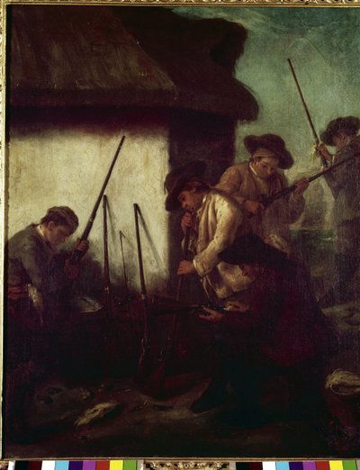 谷での狩り：鉄砲の準備」（La caccia in valle: Preparazione degli schioppi）-ピエトロ・ロンギ（1702-1785）の絵画、油彩・キャンバス、61x50cm 作： Pietro Longhi