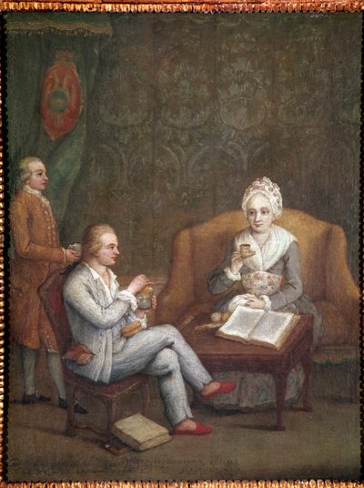 Adriana Giustinian and her son Gerolamo Ascanio taking hot chocolate (Adriana Giustinian Barbarigo and her son Gerolamo Ascanio taking a cup of chocolate) Painting by Pietro Longhi (1702-1785) 1779 approx Dim 58x45 cm Venice, Ca 