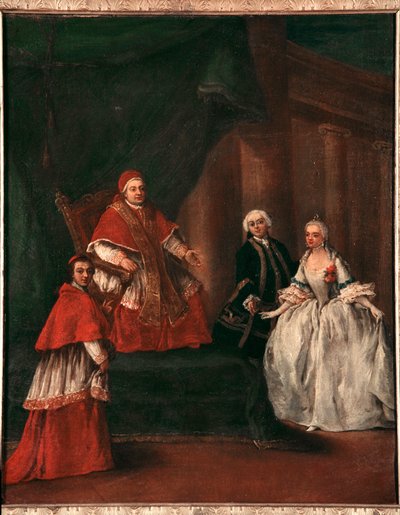 Pope Clement XIII (1693-1769) with his nephew Ludovico Rezzonico and his wife Faustina Savorgnan (教皇クレメンス13世と甥のルドヴィコ・レッツォーニコとその妻ファウスティナ・サヴォルグナン) 絵画 Pietro Longhi (1702-1785) 1758-1762 Dim 52x50 作： Pietro Longhi