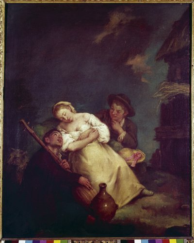 眠っている農業（La contadina addormentata） - ピエトロ・ロンギ（1702-1785）の絵画、油彩・カンヴァス、61x50cm、1750年頃の作品。ヴェネツィア、ケリーニ・スタンパリア財団 作： Pietro Longhi