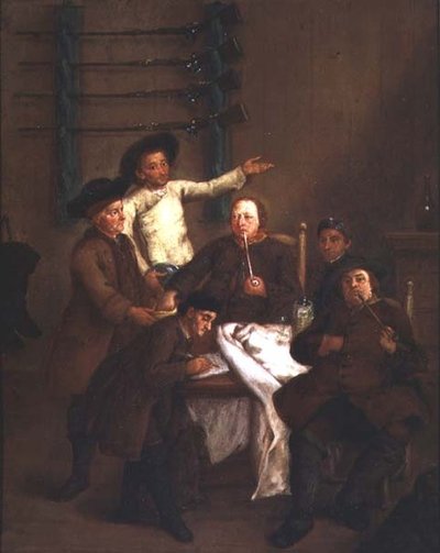 The Hunters Drawing Numbers」（パネルに油彩） 作： Pietro Longhi