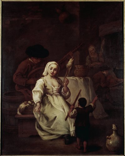 紡ぎ手 - ピエトロ・ロンギ（1702-1785）の絵画、油彩・キャンバス、69x49cm、1750年頃。ヴェネツィア、ケリーニ・スタンパリア財団 作： Pietro Longhi
