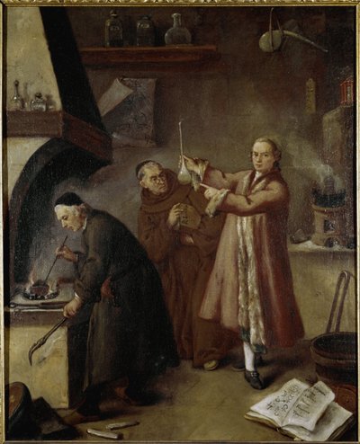錬金術師の研究室。ピエトロ・ロンギ（1702-1785）の絵画 ヴェネツィア、パラッツォ・カ・レッツォーニコ博物館 作： Pietro Longhi