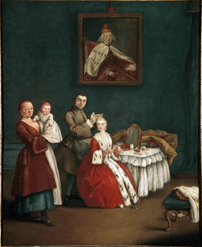 髪結い（The hairdresser） ピエトロ・ロンギ（1701-1785）の絵画 1760年 薄暗い 63x51 cm ヴェネツィア、カ