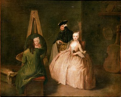 画家のアトリエ イーゼルを前にした画家が若い女性を描いています。ピエトロ・ロンギ（1702-1785）による絵画 1740-1745日44x53 cm ヴェネツィア、カ
