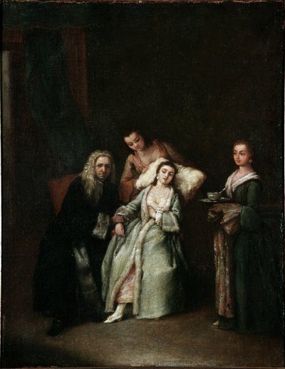 病婦 病人の脈を取る医師の訪問 ピエトロ・ロンギ（1702-1785）による絵画 1741年 薄暗い 52x41 cm ヴェネツィア、カ・レッツォーニコ、n 134 作： Pietro Longhi