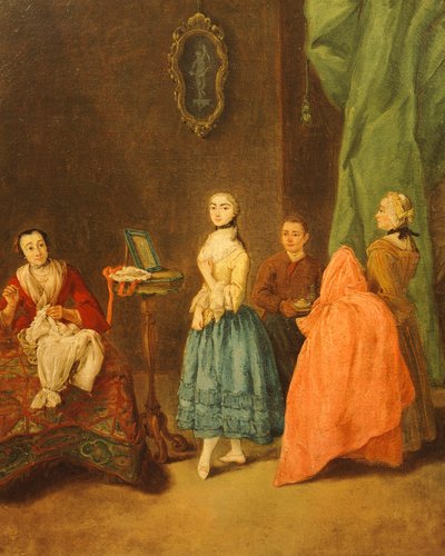 ドレスを試着するピエトロ・ロンギ（1701-1785）の作品 作： Pietro Longhi