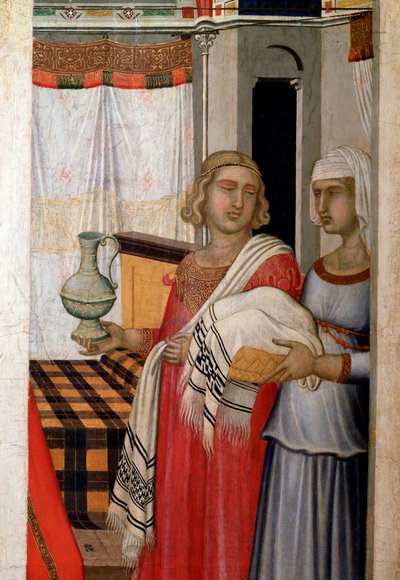 処女の誕生、産婦と助産師のディテール - 木画 作： Pietro Lorenzetti