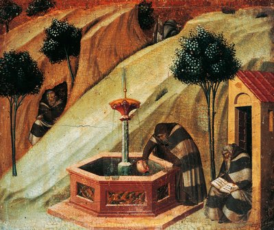 預言者エリヤの泉から水を汲むカルメル会士、ピエトロ・ロレンツェッティ（1280年頃～1348年頃）によるカルミネ祭壇画の台座の細部、木板にテンペラと金彩 作： Pietro Lorenzetti