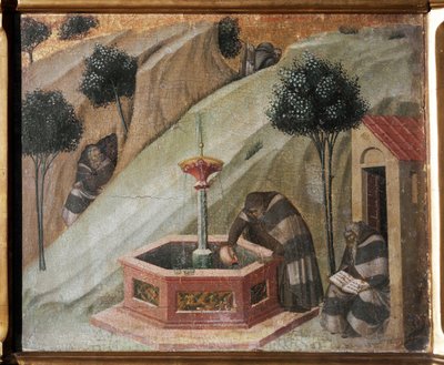 カルメルの祭壇画の詳細：エリヤの泉を持つ隠者 - フレスコ画 作： Pietro Lorenzetti