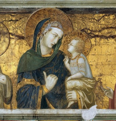 アッシジのフランシスコと伝道者ヨハネの間の聖母子。詳細。約1315-1319 作： Pietro Lorenzetti