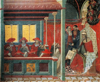 カルメル会の支配を承認するホノリウス3世 ピエトロ・ロレンツェッティ（1280年頃～1348年）作 カルミネのための祭壇画のプレデッラの細部 木板にテンペラと金彩 作： Pietro Lorenzetti