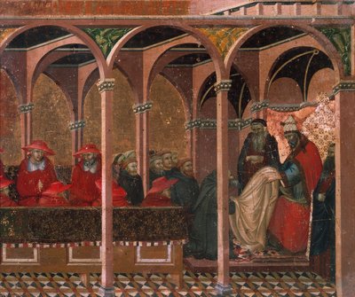 カルメル会の支配を承認するホノリウス3世、ピエトロ・ロレンツェッティ（1280年頃～1348年頃）によるカルミネのための祭壇画のプレデラの細部、木板にテンペラと金彩 作： Pietro Lorenzetti