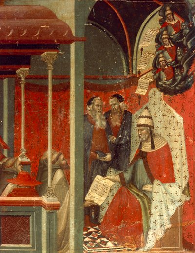 カルメル会の支配を承認するホノリウス3世 ピエトロ・ロレンツェッティ（約1280年～1348年）によるカルミネのための祭壇画のプレデラの細部 木板にテンペラと金彩 作： Pietro Lorenzetti