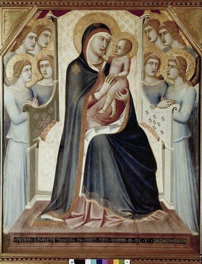 天使のいる玉座のマドンナと子供（木にテンペラ 作： Pietro Lorenzetti