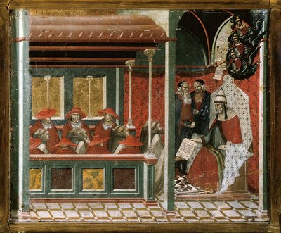 カルメル会の規則を承認する教皇ホノリウス3世、細部（木にテンペラと金彩 作： Pietro Lorenzetti