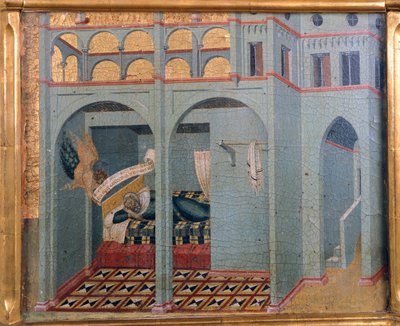 ソバック、エリヤの父の夢、ピエトロ・ロレンツェッティ（1280年頃～1348年頃）によるカルミネ祭壇画のプレデッラの細部、木にテンペラと金箔 作： Pietro Lorenzetti