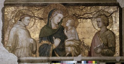 聖ヨハネと聖フランソワの間の聖母子像 ピエトロ・ロレンツェッティ（1280-1348）によるフレスコ画（アッシジ（Assisi）下層バジリカ、オルシーニ礼拝堂）。 作： Pietro Lorenzetti