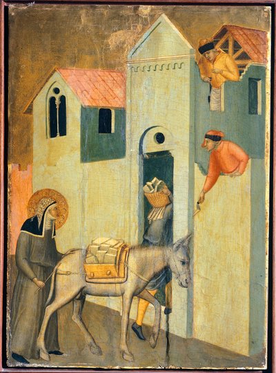 ピエトロ・ロレンツェッティ（1280年頃～1348年頃）の「福者の謙虚さ」の祭壇画のタイル、木板にテンペラと金で描かれています。 作： Pietro Lorenzetti