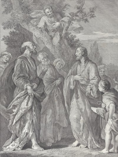 ザアカイの改宗、右側のキリストが徴税人に演説している...、1730-39年。 作： Pietro Monaco