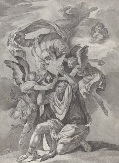 天から降りてくる神から律法の板を受け取るモーセ。 1730-39。 作： Pietro Monaco
