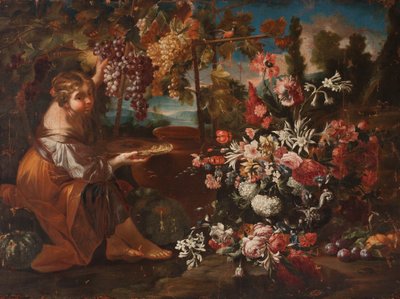 花と果実に囲まれた少女 作： Pietro Paolo Bonzi