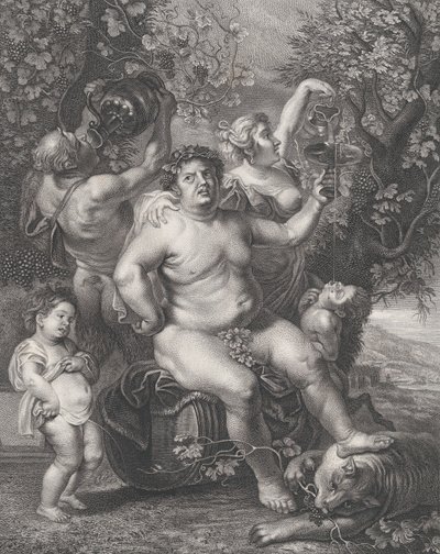 ブドウの木の前の樽に座るバッカス、バカンテ、サテュロス、子供たち、1758 年。 作： Pietro Peiroleri