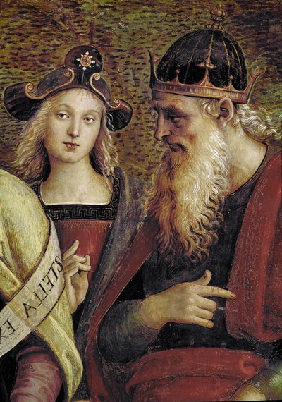 ダビデ、預言者とシビュルを囲む「永遠の父」の詳細（フレスコ画 作： Pietro Perugino