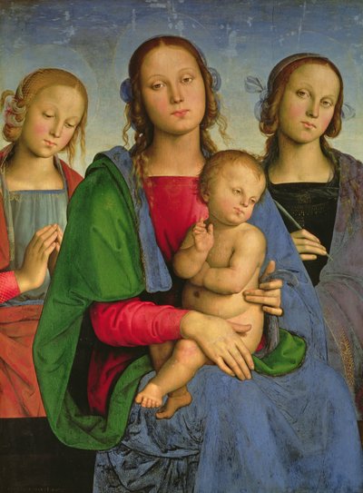 聖カタリナと聖ローザのマドンナと子供、1493年（パネル上のキャンバスに油彩） 作： Pietro Perugino
