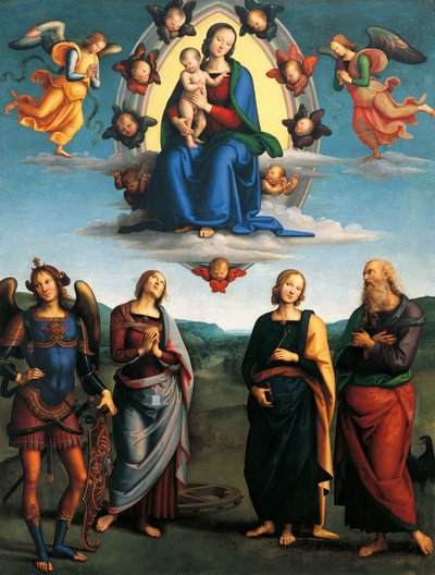ピエトロ・ペルジーノ（約1450-1523）の「栄光の聖母」（約1500-1501）は、木に油彩、330x265cm。 作： Pietro Perugino