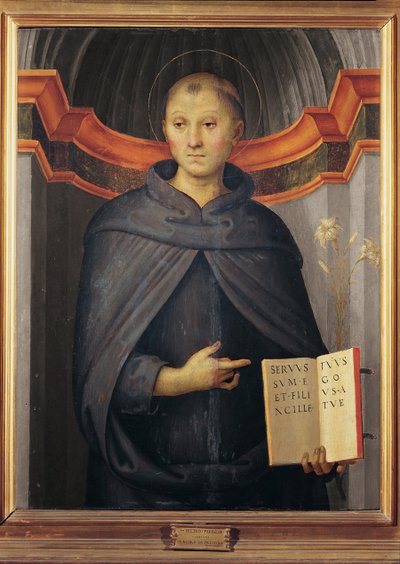 Nicolas de Tolentino (1245-1305) - Saint Nicholas of Tolentino par Perugino (c. 1450-1523)です。キャンバスに油彩、サイズ：79x62、ローマ、バルベリーニ宮殿 作： Pietro Perugino