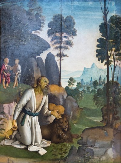 Katuva pyhimys Hieronymus ja Jeesus-vauva ja pyhä Johannes Kastaja lapsena (öljy paneelissa) 作： Pietro Perugino