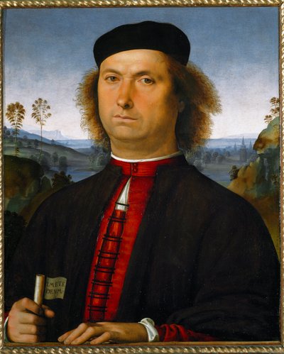 フランチェスコ・デッレ・オペレーレの肖像。Timete deum（神を畏れよ）」と書かれた巻物を持っている。 作： Pietro Perugino