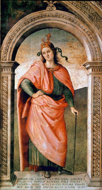ローマの政治家である検閲官カトン（紀元前234～149年）の表現 ピエトロ・ヴァヌッチ・ディット・イル・ペルジーノ（ペルジン）（1445/1450～1523）によるフレスコ画 1497年頃 日。214x123 cm Perugia（ペルージャ）、Colllegio del Cambio 作： Pietro Perugino