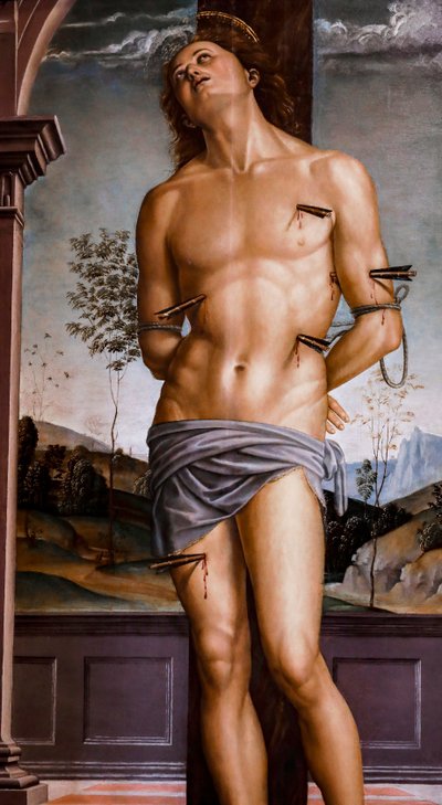1490年以降の聖セバスチャン。パネルに油彩。 作： Pietro Perugino