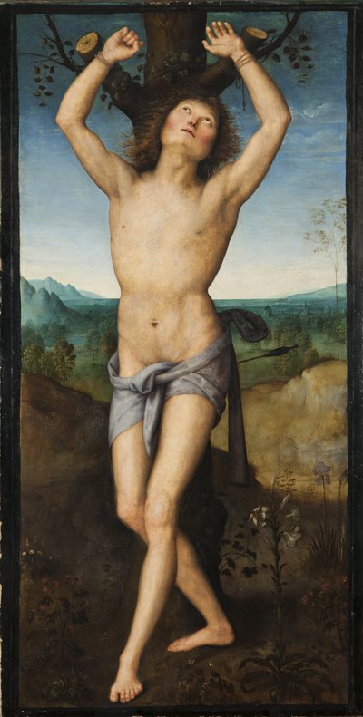 Saint Sebastian - ペルージーノ（1450年頃～1523年）作の「聖セバスチャン」。木に油彩。サイズ：174x88cmストックホルム国立博物館 作： Pietro Perugino