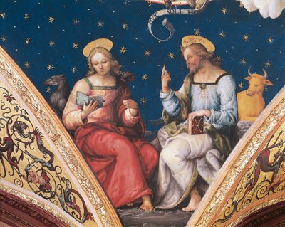 聖ルカと聖ヨハネ、『永遠の父』の詳細、聖人と伝道者たちとともに 作： Pietro Perugino