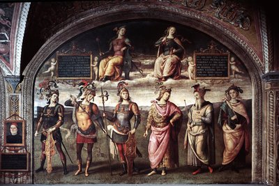 6人の古代の英雄たちとの強さと節制 左にだまし絵で描かれた画家の自画像、左からルシウス・リキニウス・クラッスス（紀元前140-91年）、スパルタのレオニダス1世（紀元前540-480年）、ラケデの王、プブリウス・コルネリウス・スキピオン（紀元前255-211年）の順に並んでいます。 作： Pietro Perugino