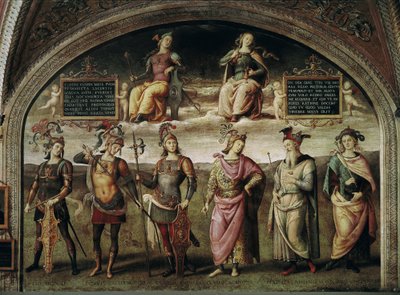 6人の古代の英雄たちとの強さと節制 左にだまし絵で描かれた画家の自画像、左からルシウス・リキニウス・クラッスス（紀元前140-91年）、スパルタのレオニダス1世（紀元前540-480年）、ラケデの王、プブリウス・コルネリウス・スキピオン（紀元前255-211年）の順に並んでいます。 作： Pietro Perugino