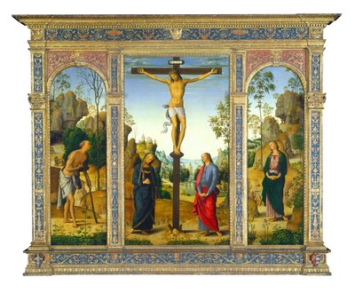 処女、聖ヨハネ、聖ヒエロニムス、聖マグダラのマリアとの磔刑 作： Pietro Perugino