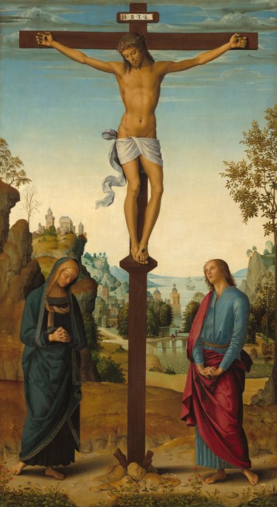 聖母、聖ヨハネ、聖ヒエロニムス、聖マグダラのマリアとのはりつけ[中央のパネル] 作： Pietro Perugino