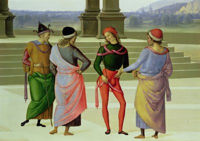 聖母の結婚、会話中の4人の男性の詳細、53750の1500-04油彩キャンバス 作： Pietro Perugino