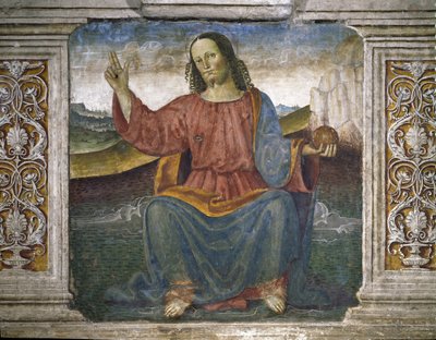 救済者、地球儀を持ち、祝福の印として手を上げるイエス（フレスコ画 作： Pietro Perugino