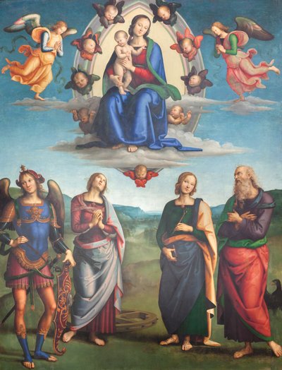 Virgem com criança na glória com santos 作： Pietro Perugino