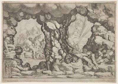 巨石が中央にある巨人、他の巨人は左と右が苦しんでいる… 1680 作： Pietro Santi Bartoli