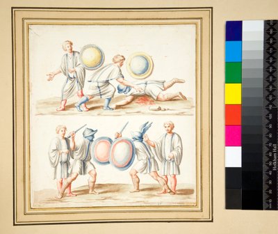 二人の剣闘士の場面のモザイク画のコピー（黒チョーク、一部はペンと茶色のインク、水彩で着色 作： Pietro Santi Bartoli